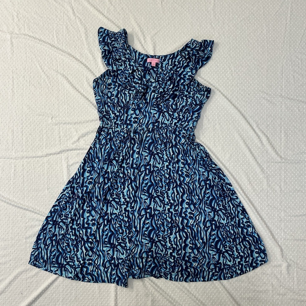 Lilly Pulitzer Katy Summer Dress MEDIUM Blue Ruffle Neck w pockets